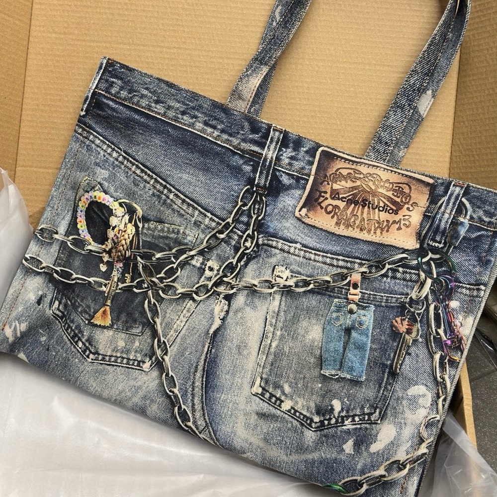 Acne Studios Large denim-effect printed canvas shopper tote bag